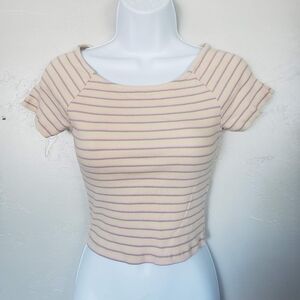Elodie Small Crop Top Short Sleeve Ribbed Stripes Yellow Pink Grey Y2K